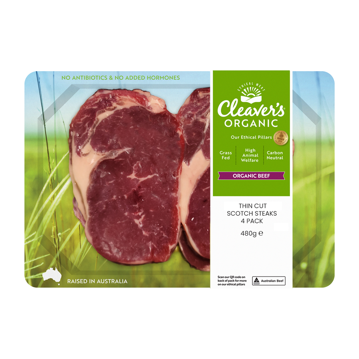 Cleaver's Organic Beef Thin Cut Scotch Steak 480g (4 per pack)