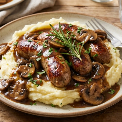 Lamb & Rosemary Sausages with Creamy Mash and Mushroom Gravy