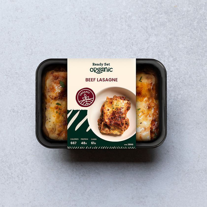 Ready Set Organic Beef Lasagne in black tray packaging - organic ready meal SA delivery