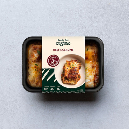 Ready Set Organic Beef Lasagne in black tray packaging - organic ready meal SA delivery
