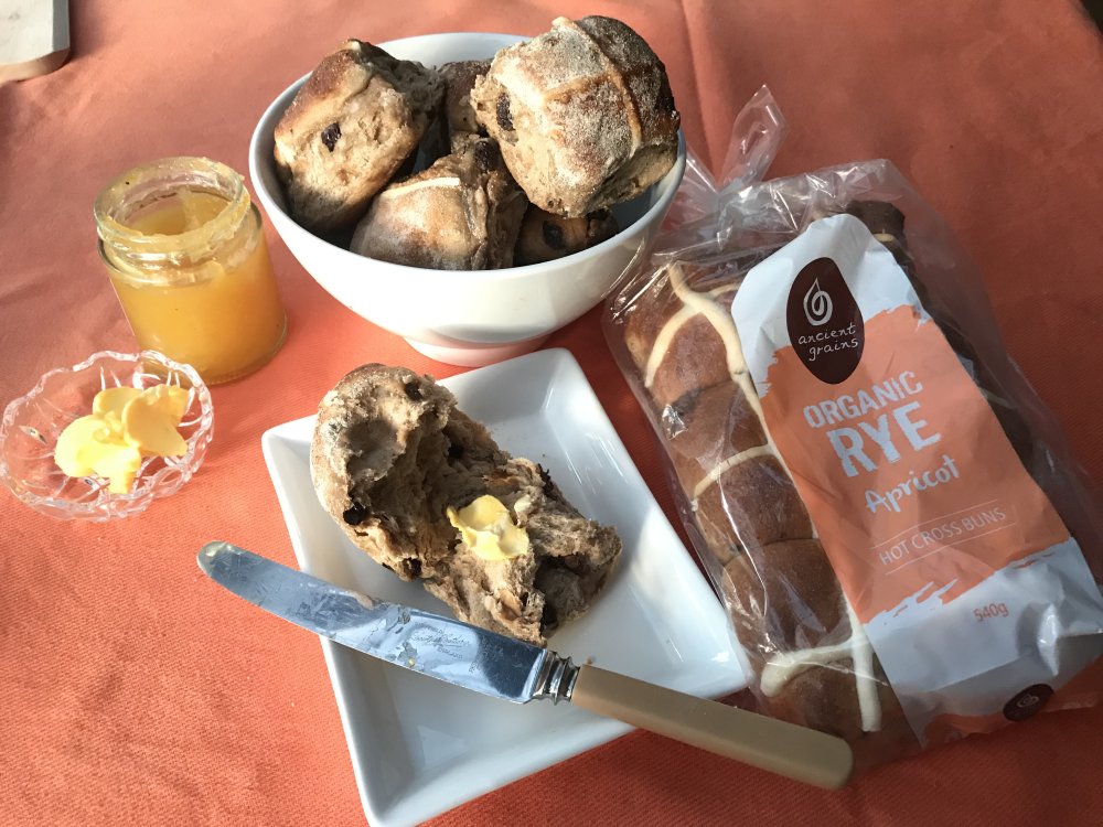 Ancient Grains organic rye apricot hot cross buns in bowl with jam - artisan organic baked SA