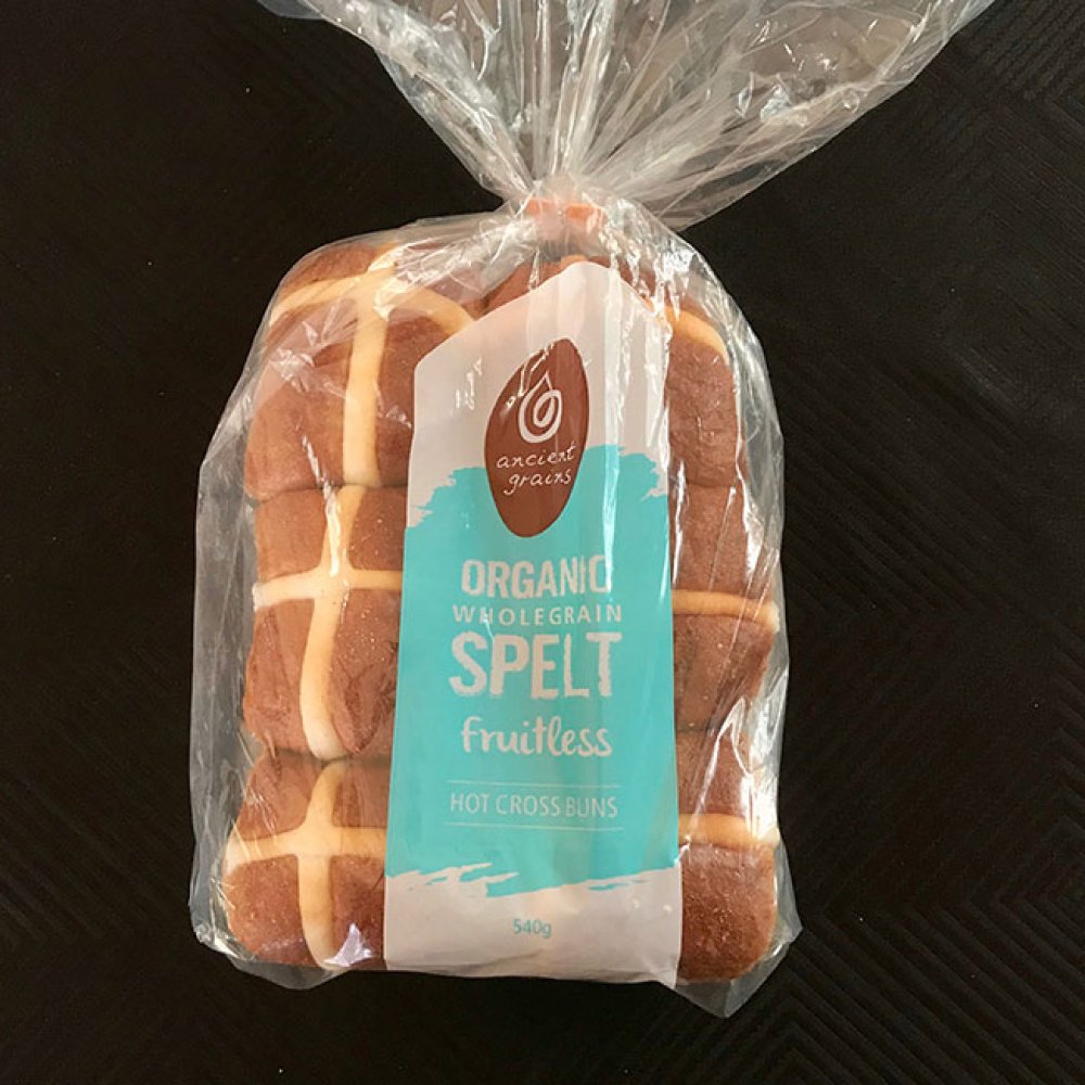 Ancient Grains organic wholegrain spelt fruitless hot cross buns 540g in clear pack - artisan organic Easter bread SA delivery