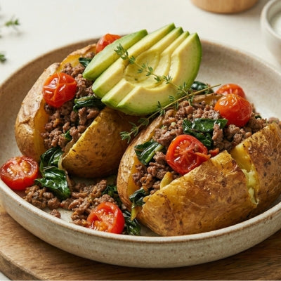 Beef & Silverbeet Stuffed Baked Potatoes