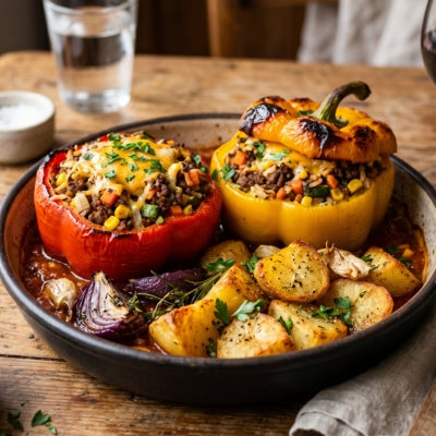 Beef & Veggie Stuffed Capsicums + Roast Potatoes