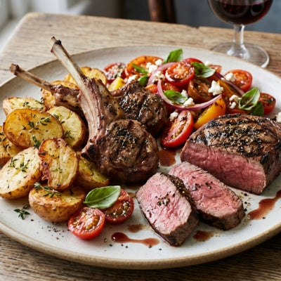 Bistro Lamb Chops & Rump Steak with Crispy Potatoes and Warm Tomato Salad