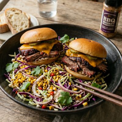 Brisket Burgers with Corn & Cabbage Slaw