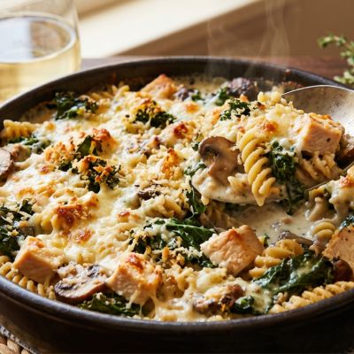 Chicken, Mushroom & Kale Quinoa Pasta Bake