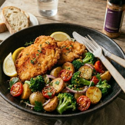 Chicken Schnitzel with Warm Potato, Broccoli & Tomato Salad