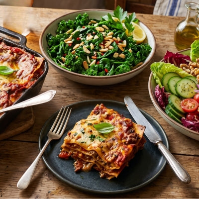 Cleaver’s Lasagne with Garlic Greens & Crunchy Salad
