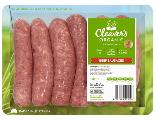 Cleaver's Organic Beef Sausages 450g (6 per pack)