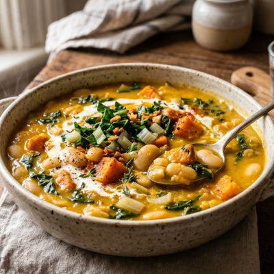 Creamy Butter Bean, Sweet Potato & Silverbeet Soup