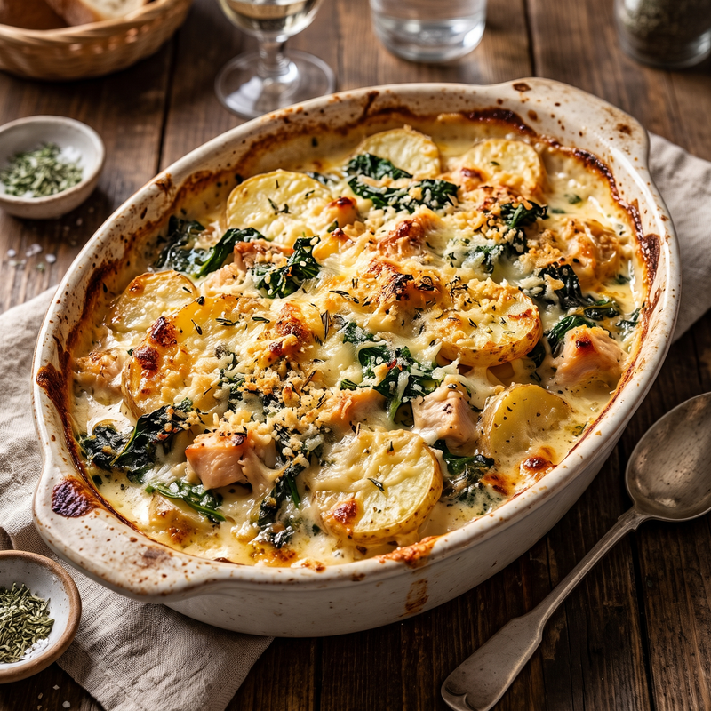 Creamy Chicken, Potato & Greens Bake