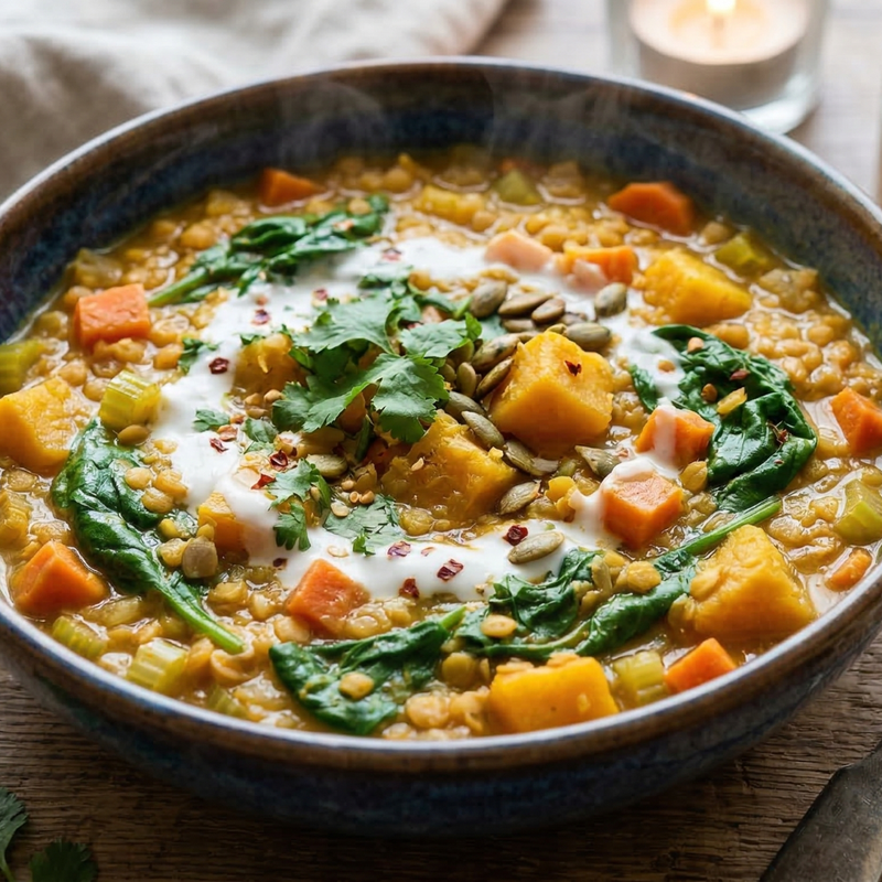 Creamy Red Lentil, Pumpkin & Spinach Dahl