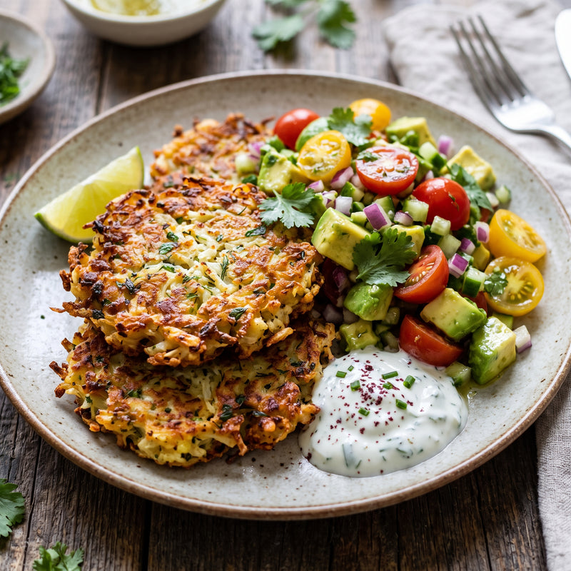 Crispy Cauliflower & Potato Fritters with Avocado Salad