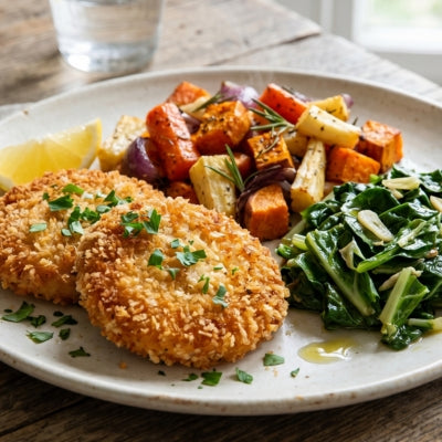 Crispy Chicken Patties with Roast Vegetables & Garlic Silverbeet