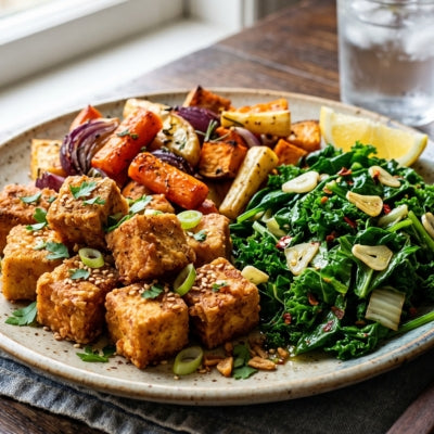 Crispy Tofu with Roast Veg & Garlic Greens