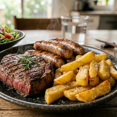  Fillet Steak (or Beef Sausages for the kids), Homemade Chips & Garden Salad