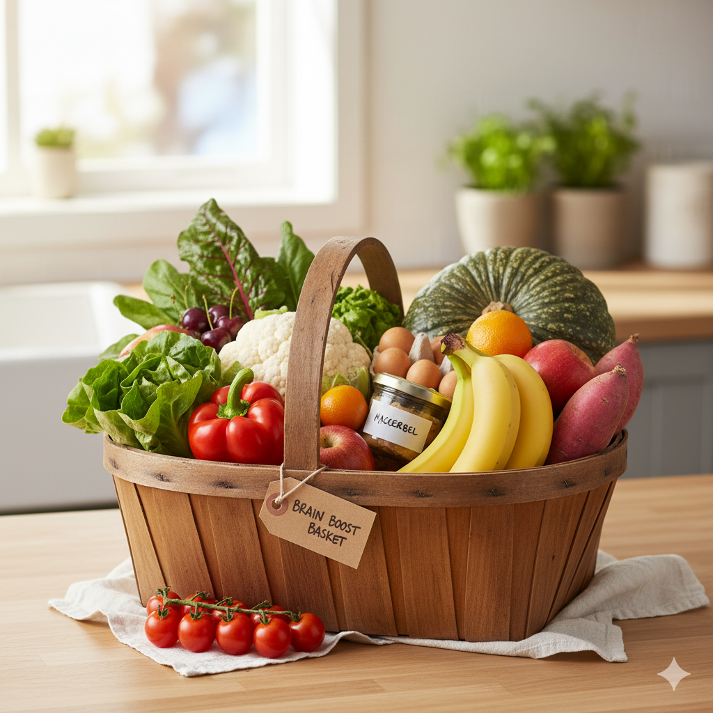Wooden Brain Boost Basket filled with fresh organic produce including cauliflower pumpkin bananas sweet potato red capsicum tomatoes eggs and chard on kitchen counter - certified organic SA home delivery