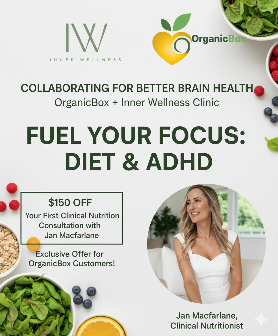 OrganicBox and Inner Wellness Clinic collaboration promotional image - Fuel Your Focus Diet and ADHD campaign with $150 off clinical nutrition consultation with Jan Macfarlane featuring fresh organic produce - certified organic SA home delivery