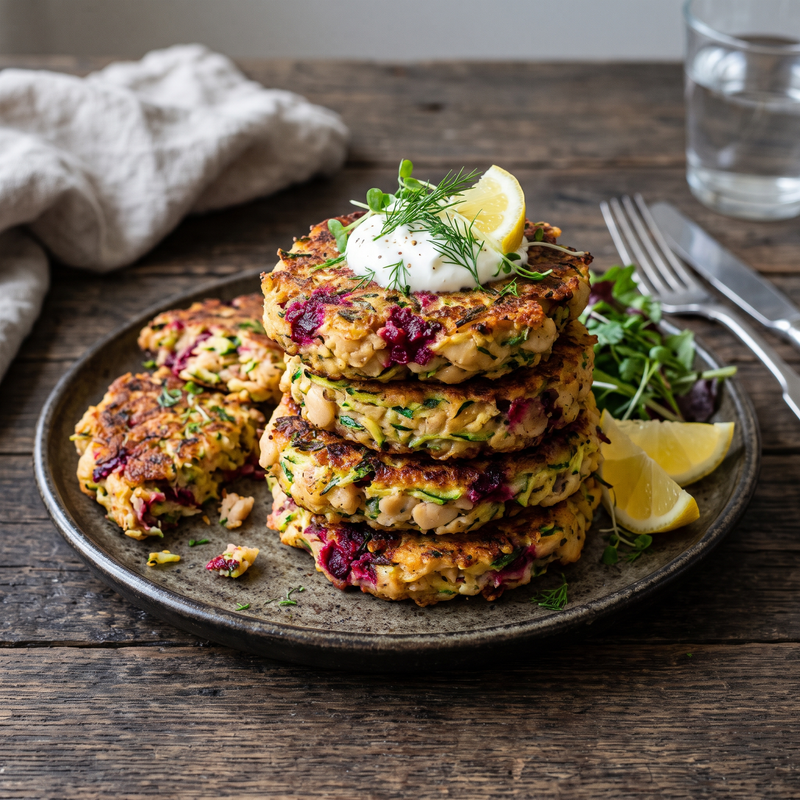 Golden Butter Bean, Zucchini & Beetroot Fritters
