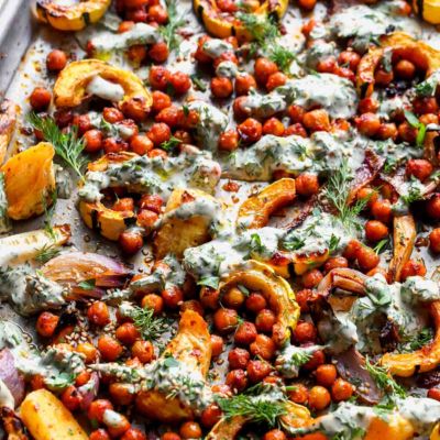 Hearty Vegetable & Chickpea Tray Bake with Tahini Greens
