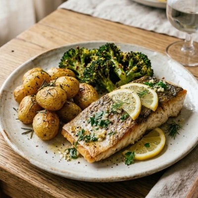 Lemon Garlic Barramundi with Roast Potatoes & Broccoli