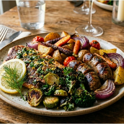 Lemon Herb Crimson Snapper with Roast Veg & Greens (+ Beef Sausages for the kids)