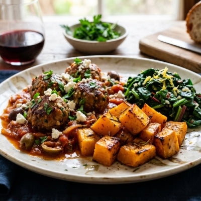 Mediterranean Meatballs with Roast Pumpkin & Garlicky Greens