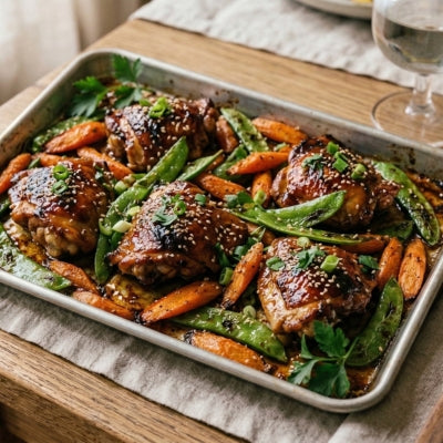 One-Tray Honey Soy Chicken with Carrots & Snow Peas