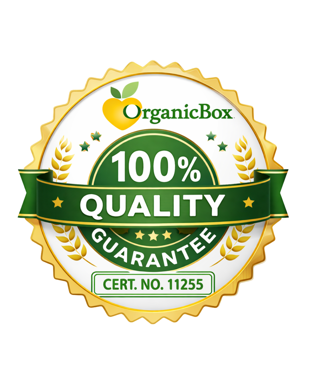 A circular OrganicBox quality badge with a gold scalloped border, green ribbon banner reading '100% QUALITY GUARANTEE,' and the OrganicBox logo at the top, shown on a white background.