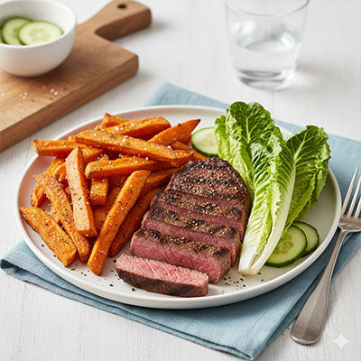 Pan-Seared Steak with Sweet Potato Fries & Salad