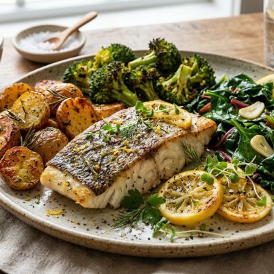 Roast Barramundi with Crispy Potatoes, Broccoli & Lemon Greens