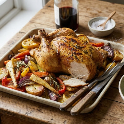 Roast Chicken with Tray Bake Veg & Greens