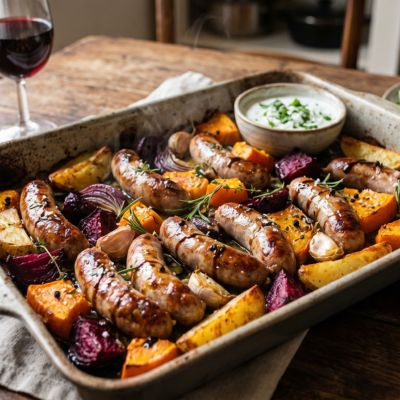Roast Sausages with Pumpkin, Potato & Beetroot Tray Bake