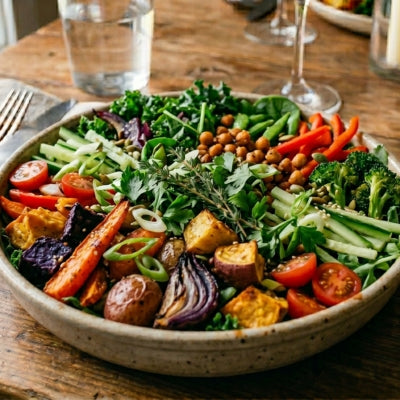 Roast Veg & Fresh Salad Bowl with Crunchy Greens