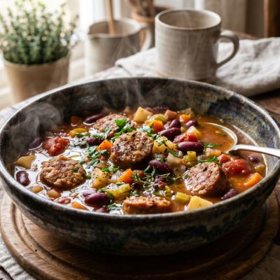 Rustic Sausage, Kidney Bean & Vegetable Soup