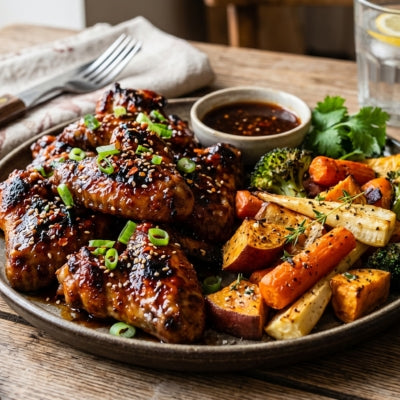 Sticky Chicken Wings with Roast Veg