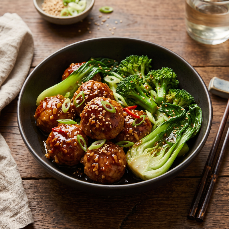 Sticky Ginger Chicken Meatballs with Bok Choy & Broccoli