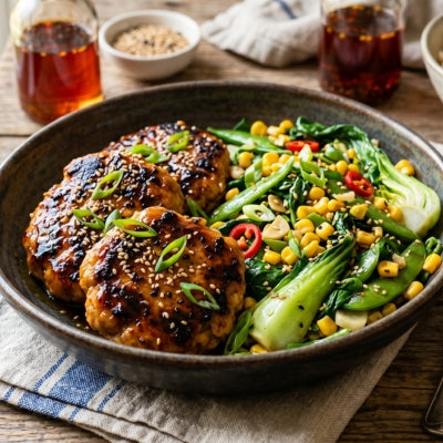 Sticky Ginger Chicken Patties with Warm Sesame Greens & Corn