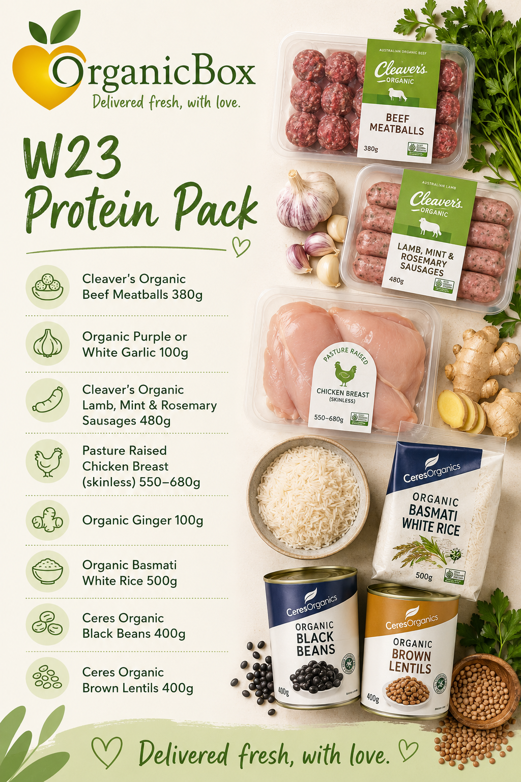 Week 23 PROTEINS + SELECT GROCERY LINES for the Large Mixed Produce Box Week 23