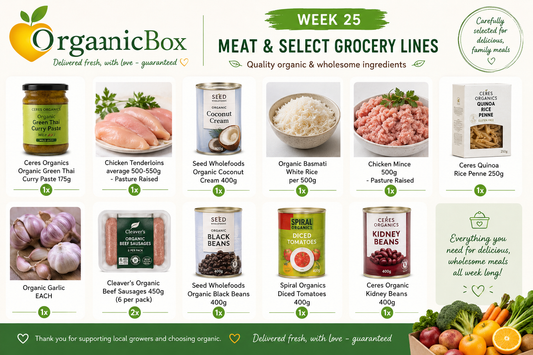 Week 25 MEATS + SELECT GROCERY LINES for the Large Mixed Produce Box Week 25