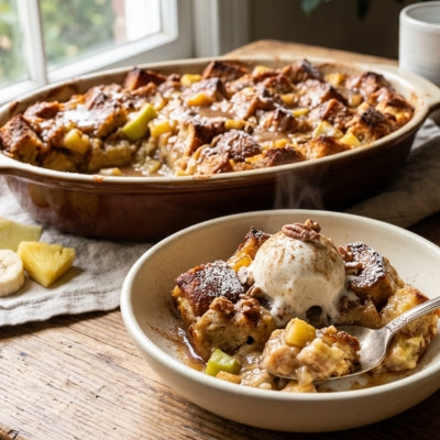 Warm Apple, Pineapple & Banana Bread Pudding