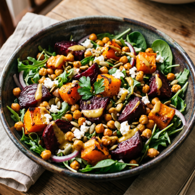 Warm Roast Beetroot, Pumpkin & Chickpea Salad with Honey Mustard Dressing