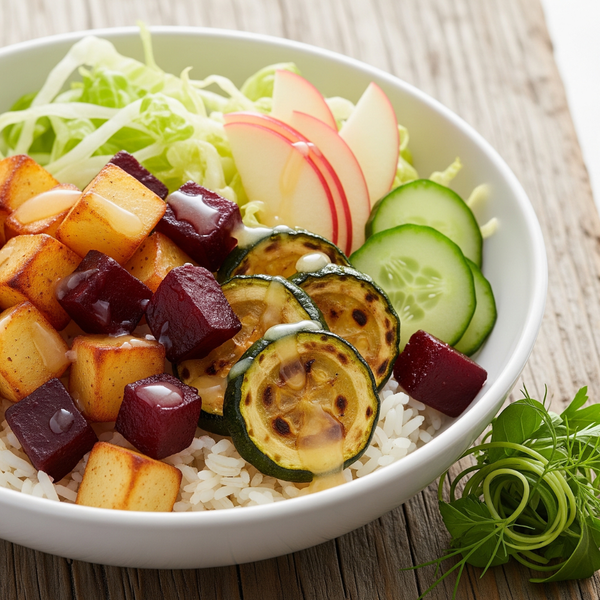 Warm Roasted Veggie & Rice Bowl with Lemon Dressing 