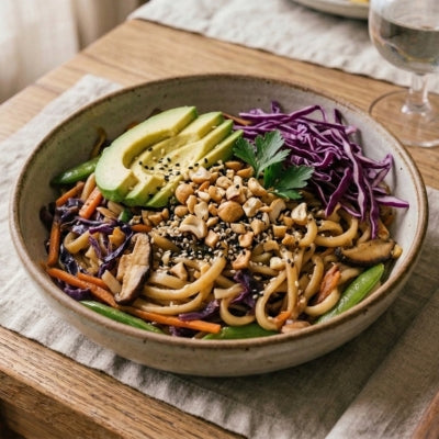 Warm Veggie, Avocado & Red Cabbage Noodle Bowl