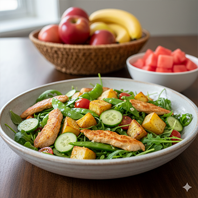 Warm Chicken & Snow Pea Salad with Crispy Potatoes