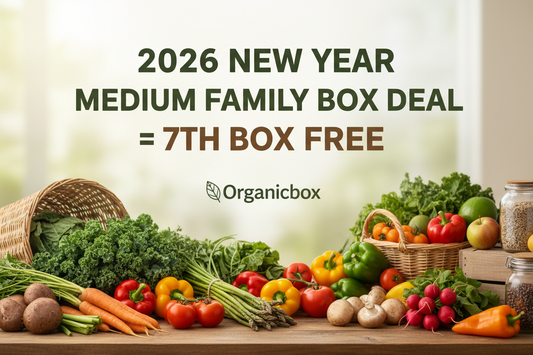create an image with our organicbox branding to say "2026 NEW YEAR MEDIUM FAMILY BOX DEAL = 7TH BOX FREE"