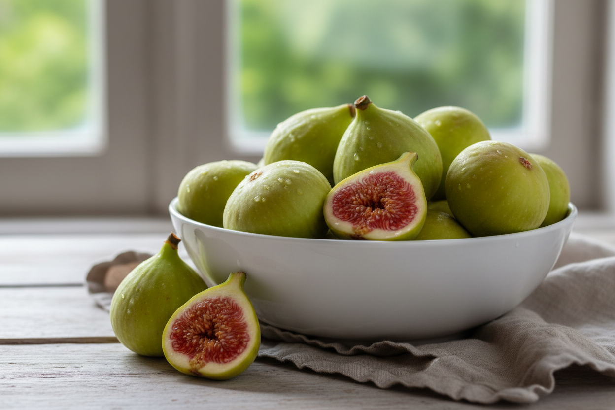 Fresh organic green figs in white bowl with two cut open showing pink flesh - certified organic fruit SA home delivery