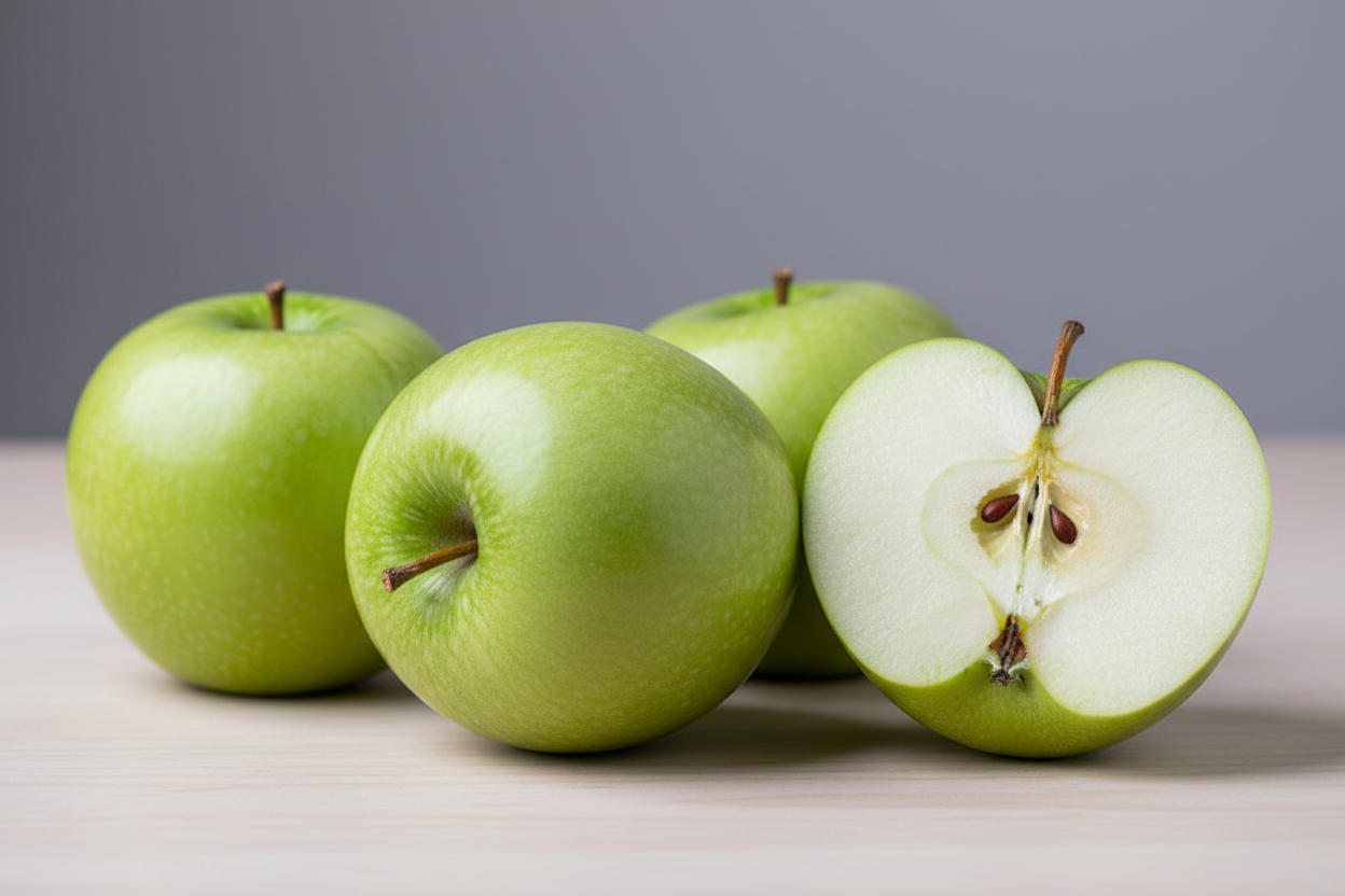 Green skinned apples - show one cut in half 