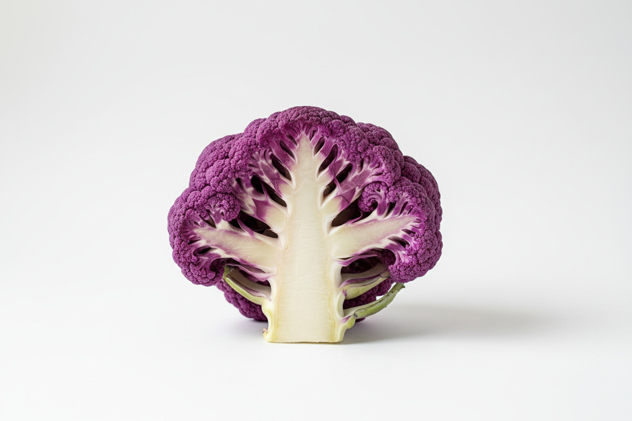 Organic half purple cauliflower cross-section on white background showing white stem and purple florets - certified organic produce SA home delivery